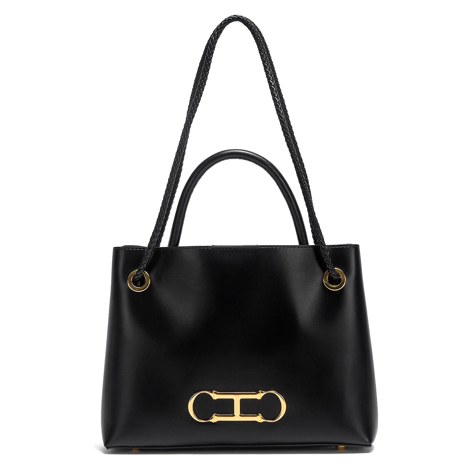 Black handbag with gold hardware on a white background